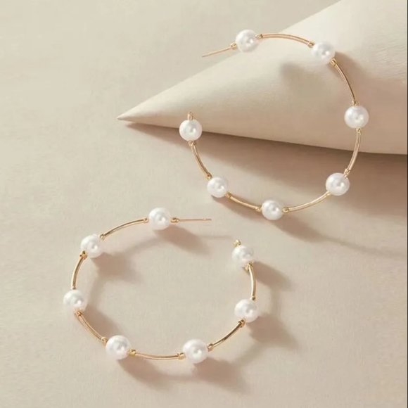 Gold & Pearl Round Hoop Earrings NEW - Picture 2 of 7